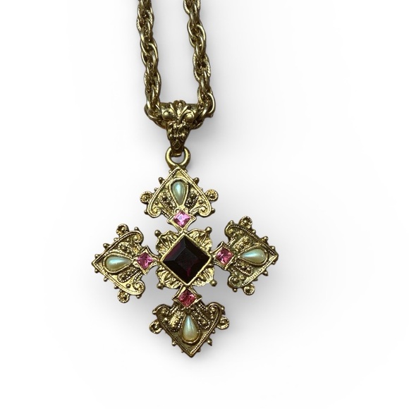 1928 Jewelry - 1928 Gold Red & Pink Rhinestone Cross Pendant Necklace